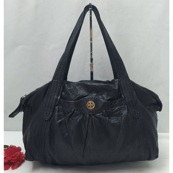 Tory Burch Black Soft Leather Double Handles Satchel Shoulder Bag W/ Mirror - Picture 1 of 16